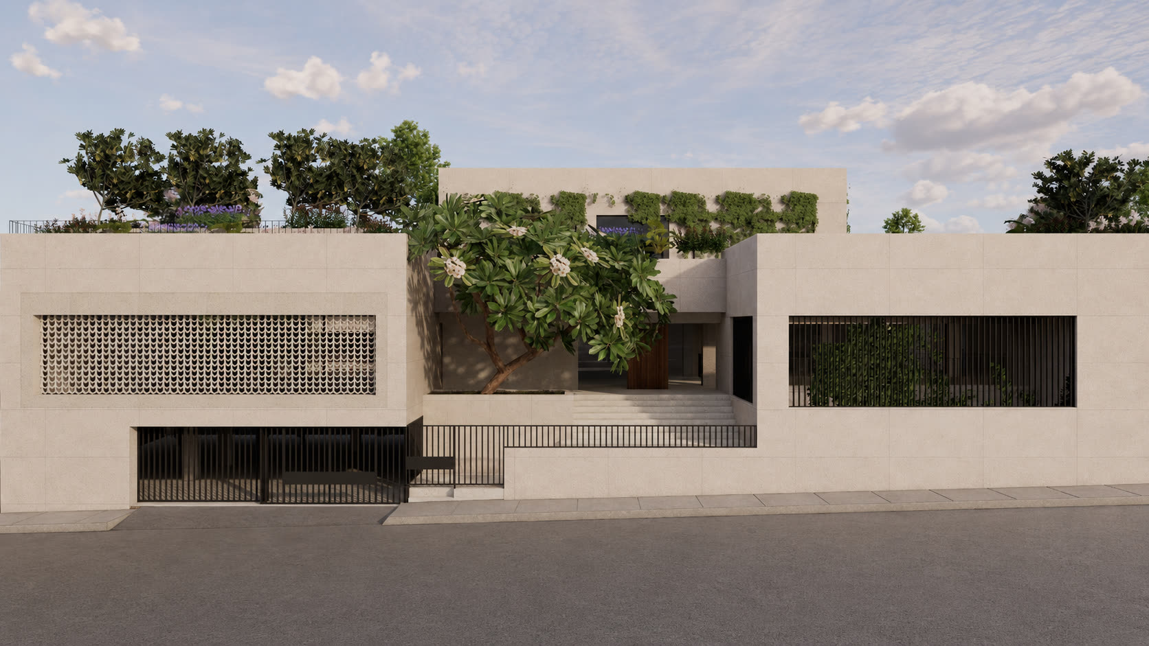 Street facade of Casa Cal y Mayor: light stone volumes, a lattice screen, and a louvered opening behind a black fence.