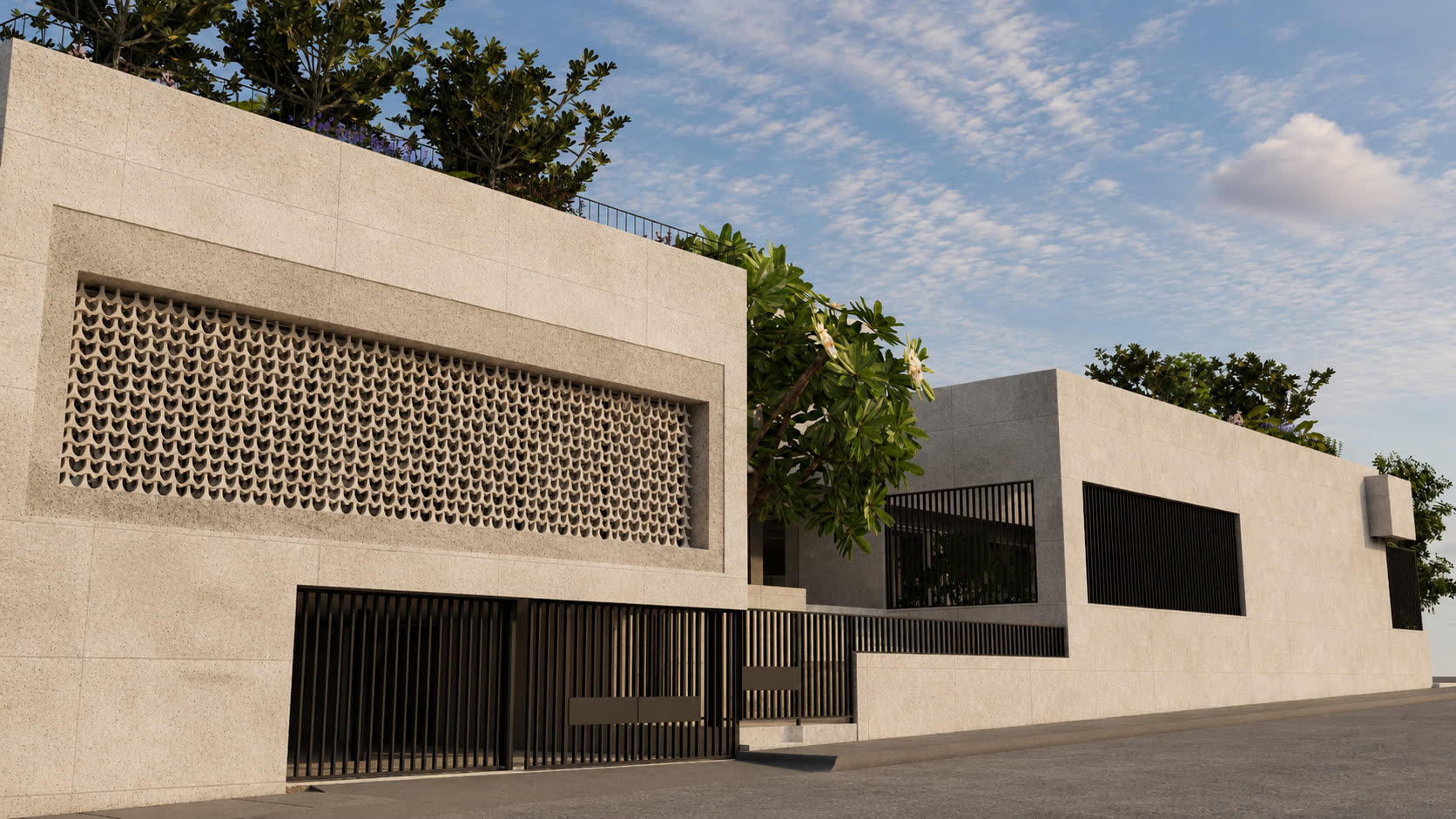 Daytime street facade: interlocking stone volumes, vertical louvers, and a perforated screen.