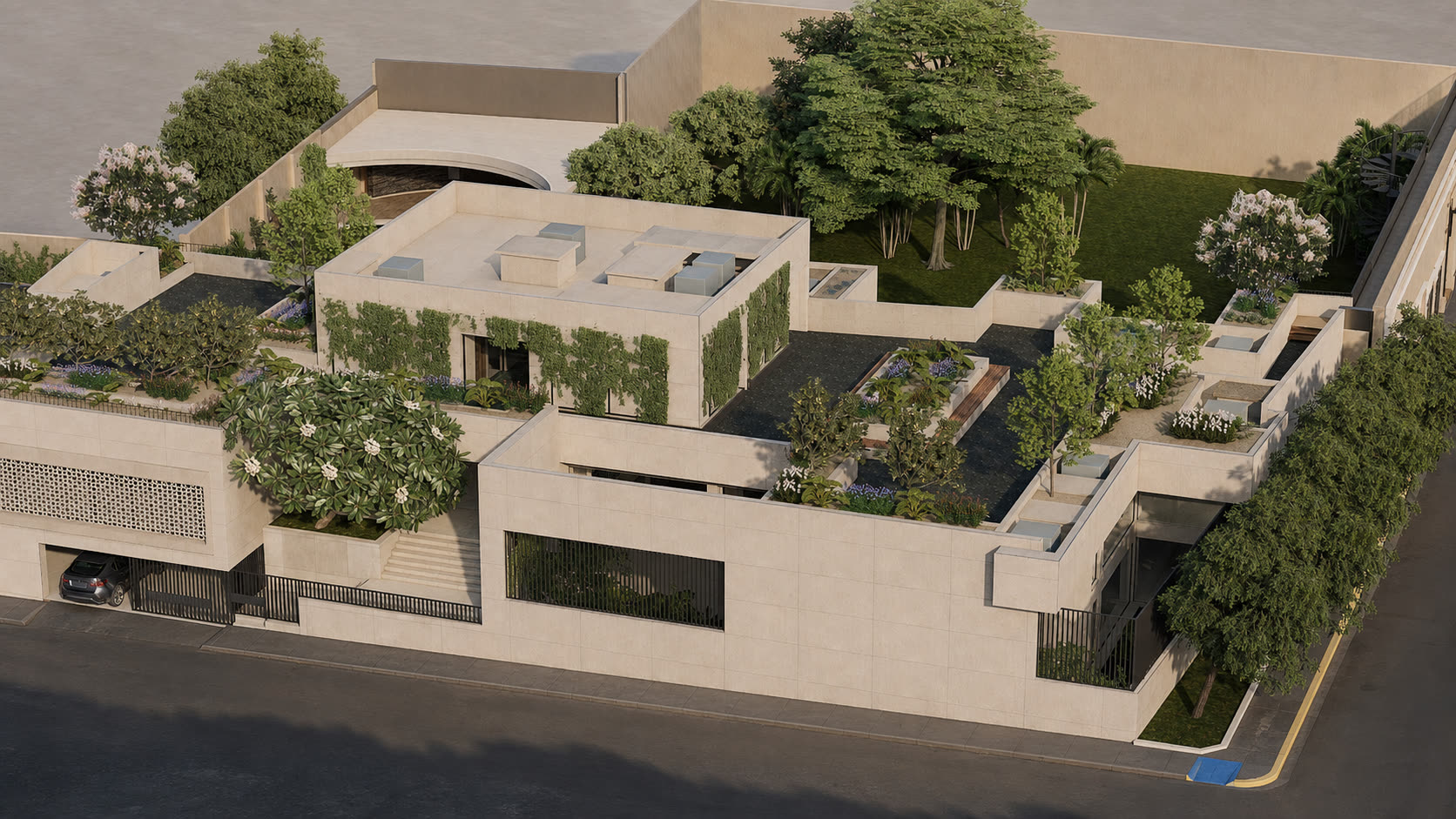 High-angle view of tiered volumes, rooftop planters, living walls, and the garden behind the street front.