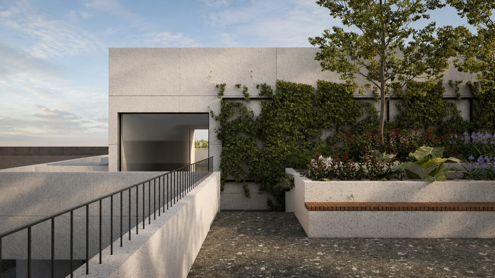 Rooftop terrace with stone walls, a vine-covered grid, a built-in planter and bench, and trees beyond the parapet.