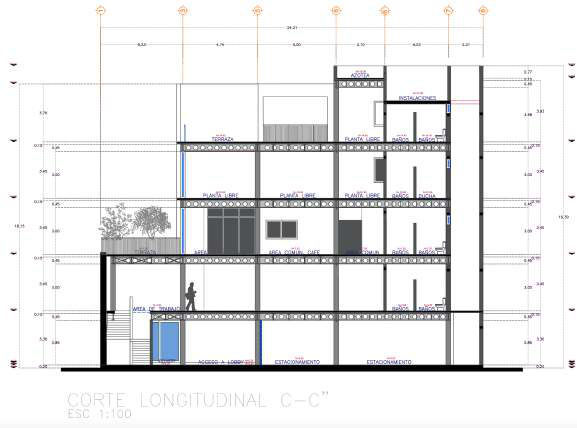 Longitudinal section of D1AS showing lobby and parking below, work floors, a cafe terrace, open plans, and the roof.