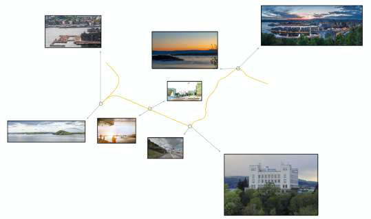 Viewpoint map: a yellow path with photographs of the harbour, hillside, and Ekeberg restaurant along the route.