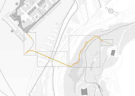 Site plan with a yellow path from the urban grid across the rail corridor and up Ekeberg hill.