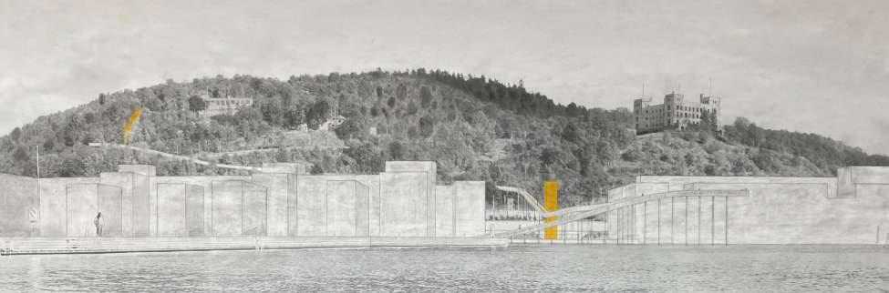 Panoramic view of the waterfront and Ekeberg hill, with the pedestrian connection drawn in line and marked in yellow.