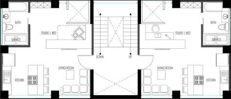 Floor plan of two mirrored studio 1-bed units around a stair and elevator core, with living room, kitchen, bath, and service.
