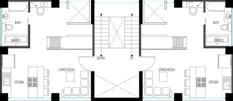 Floor plan of two mirrored units around a stair and elevator core, with living room, kitchen, bath, and service.
