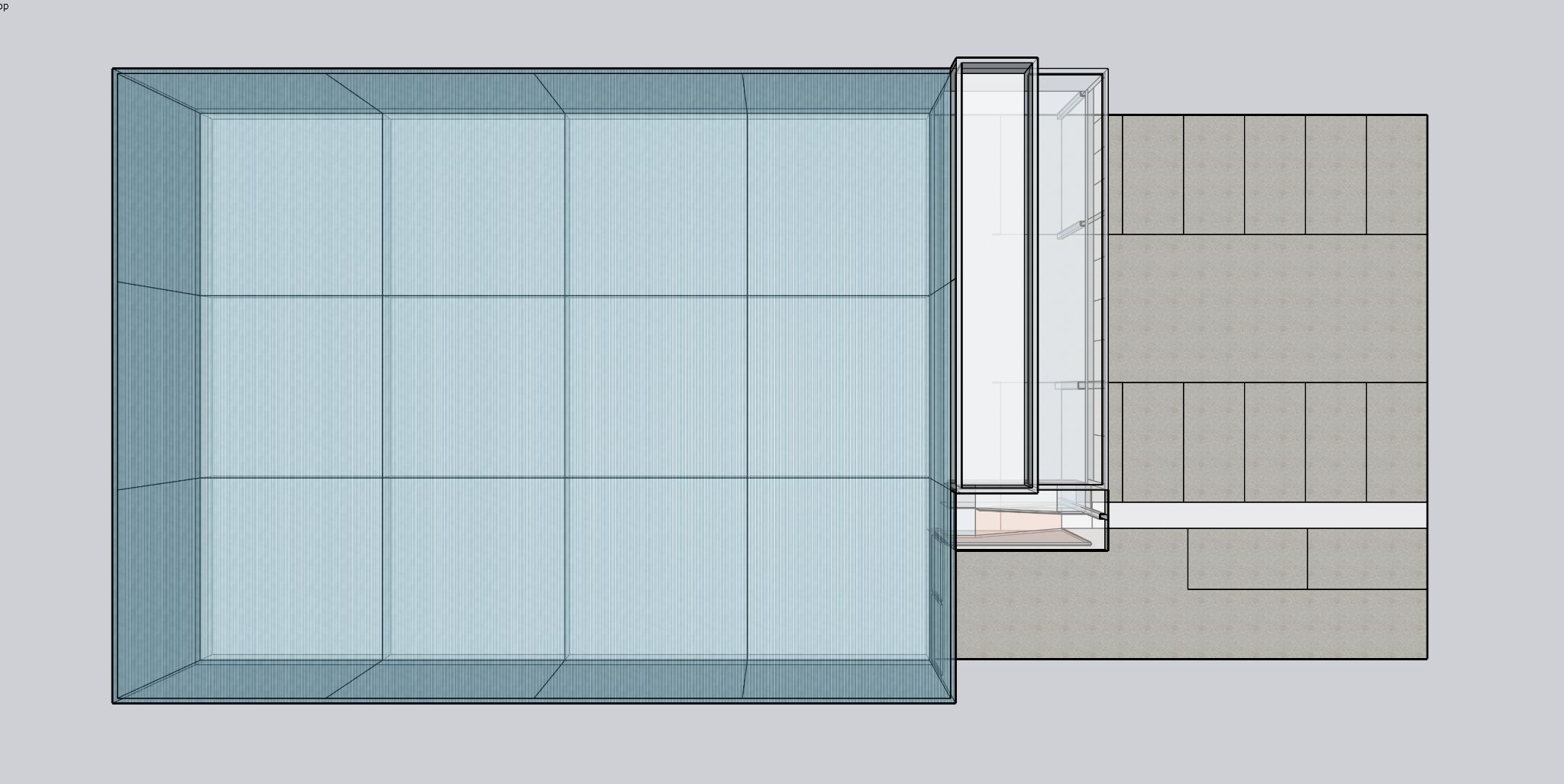 Axonometric of the metal structure: warehouse bay grid with columns every 8.2 meters, a narrow office strip, and a paved slab with parking.