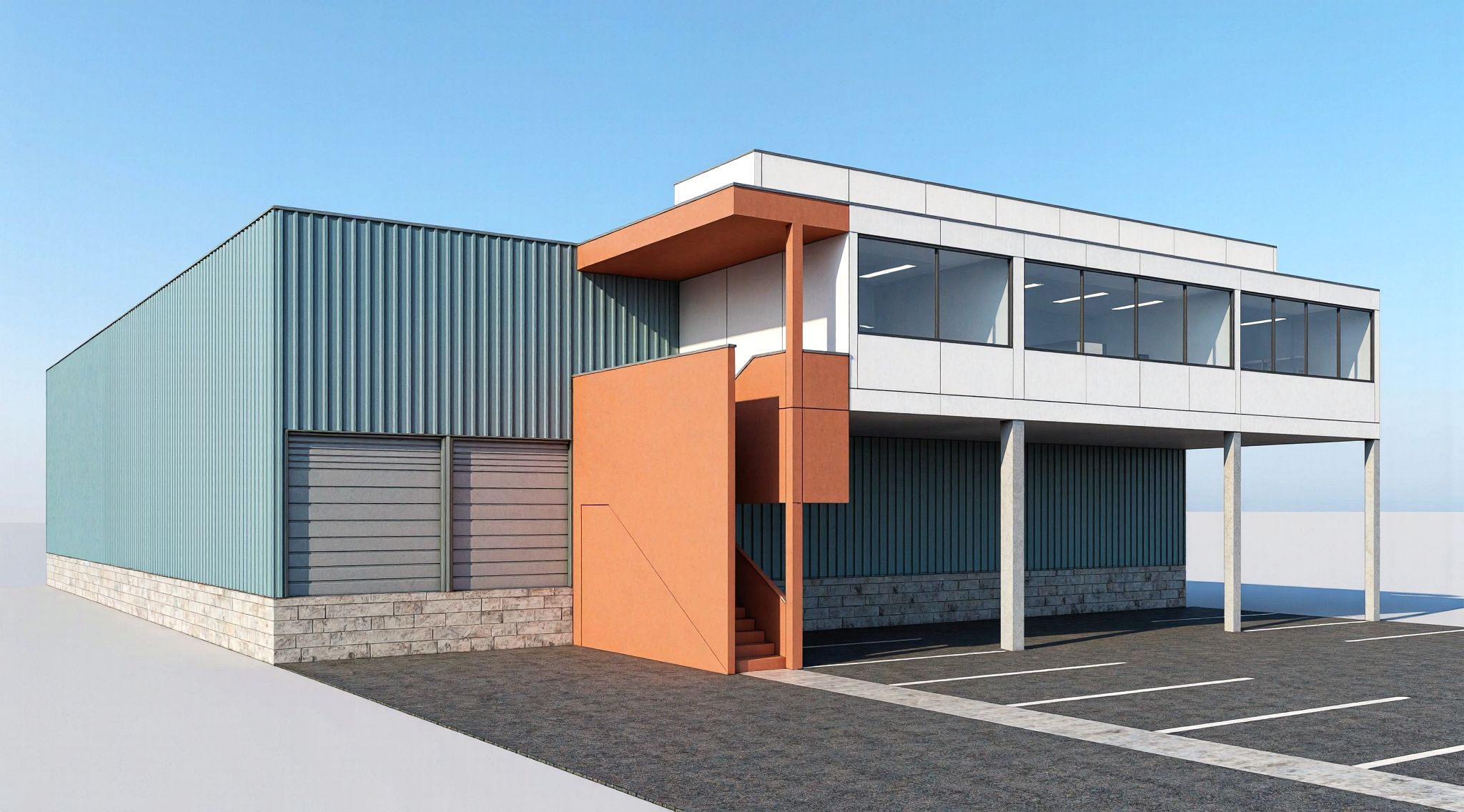 Daytime render of the logistics warehouse: teal corrugated siding, two grey roller doors for trailers and vans, a terracotta stair volume, and a white office strip on columns with a ribbon of windows above parking.