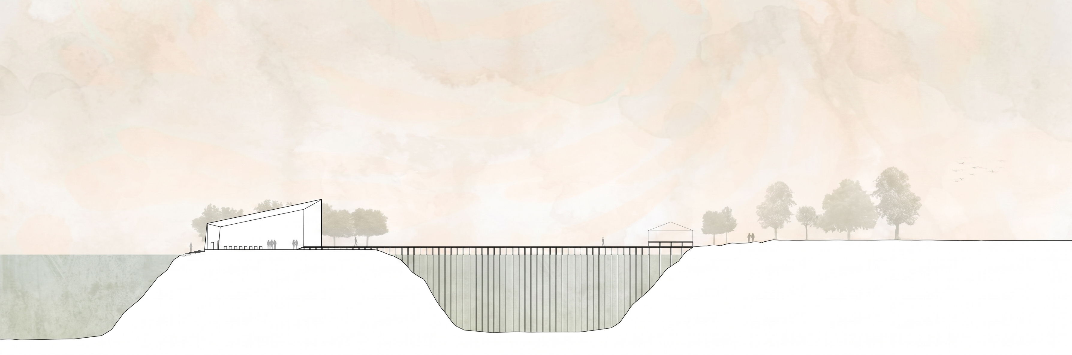 Lake Chapel longitudinal section and elevation: a long chapel volume with a sharply slanted roof on a raised island, a boardwalk on piles across the lake, and a small gabled pavilion on the tree-lined shore.