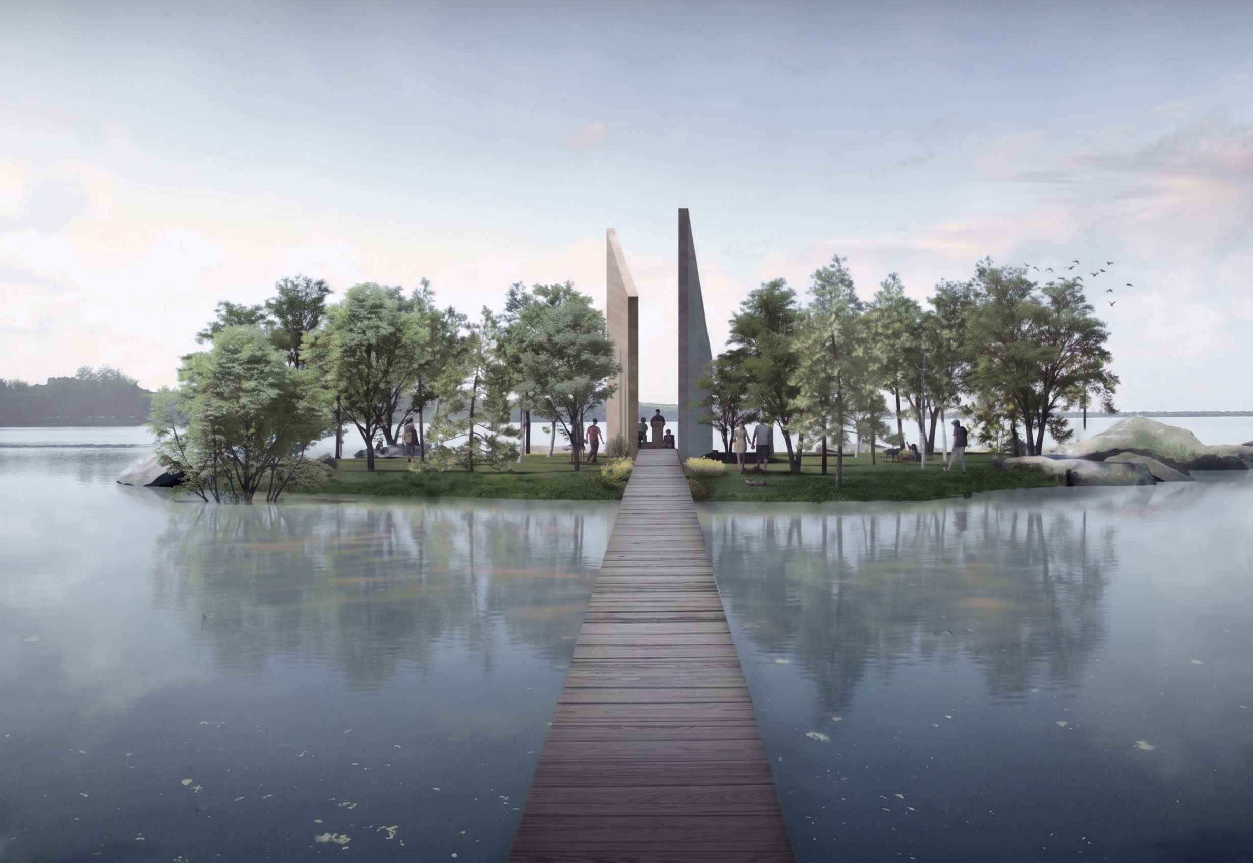 Lake Chapel: two tall vertical monoliths forming a portal on a wooded island, with a wooden pier approaching across still water.