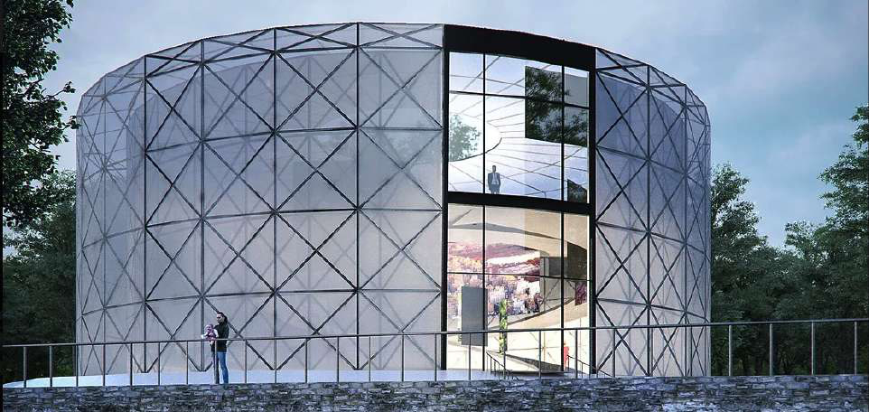 ETFE-wrapped cylindrical museum with an external triangulated frame and a glass cutout revealing a spiral ramp.