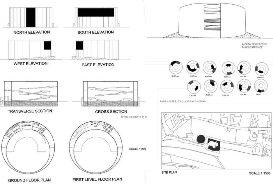 Drawing sheet: north, south, west and east elevations; transverse and cross sections with ramps; circular floor plans; ramp circulation diagrams; and a site plan. Total height 13 m.