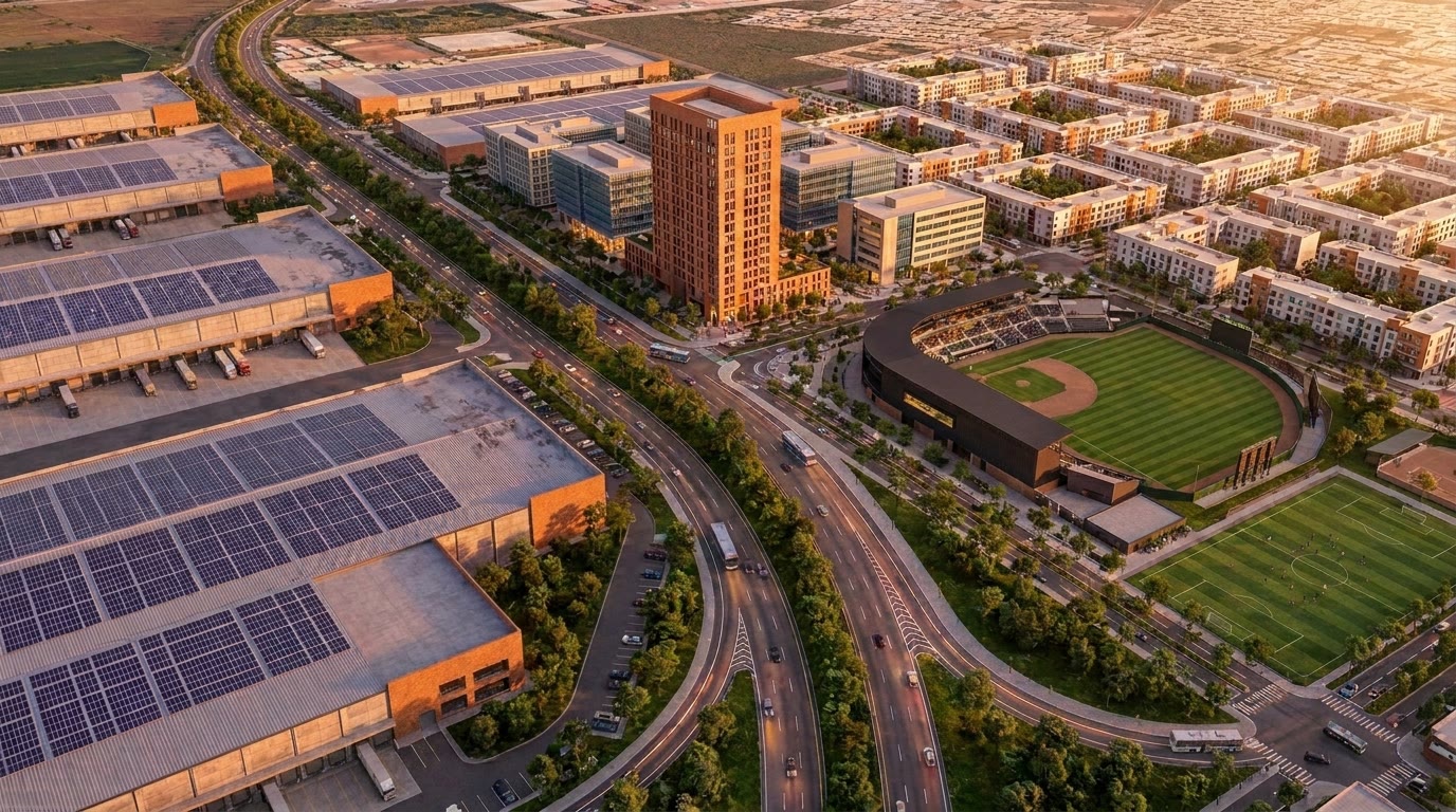 Aerial golden-hour view of NATURA: logistics halls with rooftop photovoltaic arrays, a brick office tower, residential blocks, and sports fields along a tree-lined arterial.