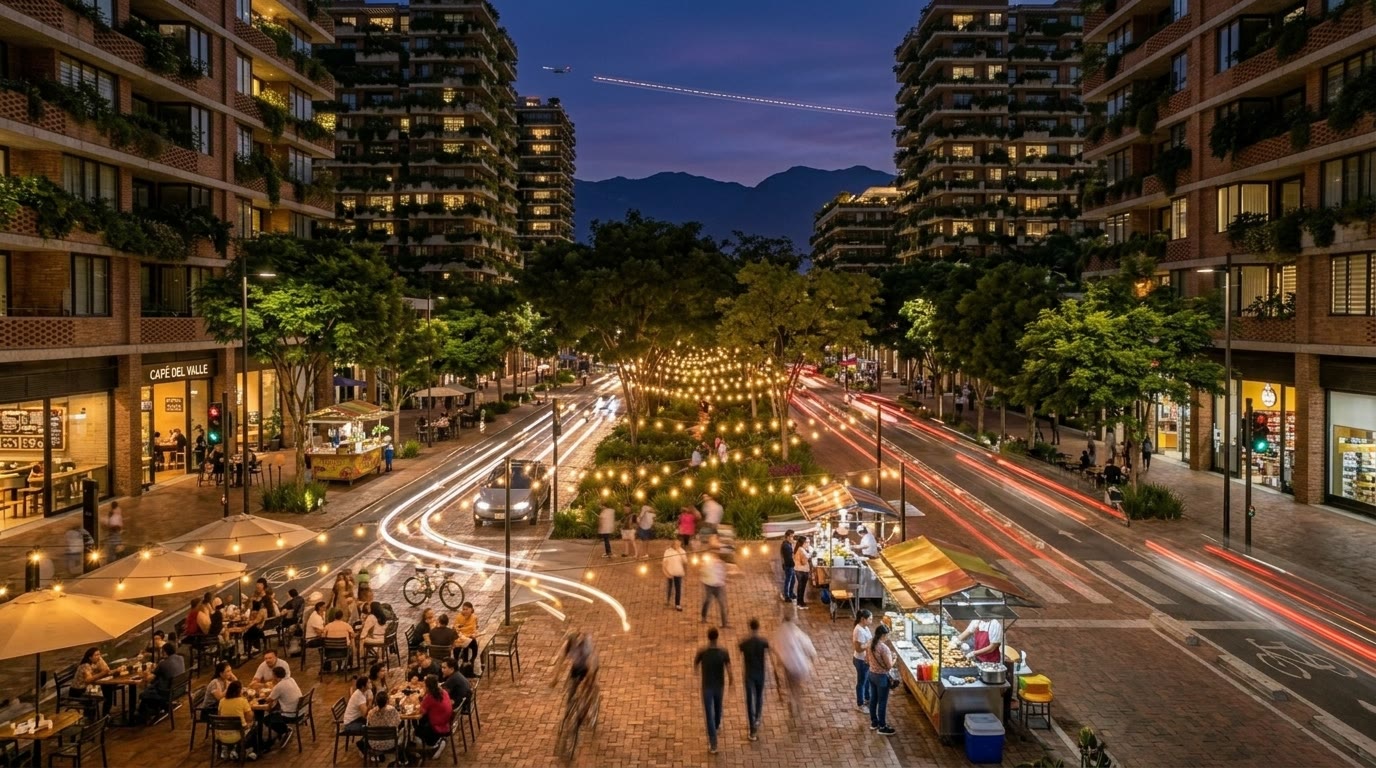 Twilight pedestrian plaza paved in herringbone brick, with café seating, string lights, vertical-forest balconies, and an airplane in the sky.