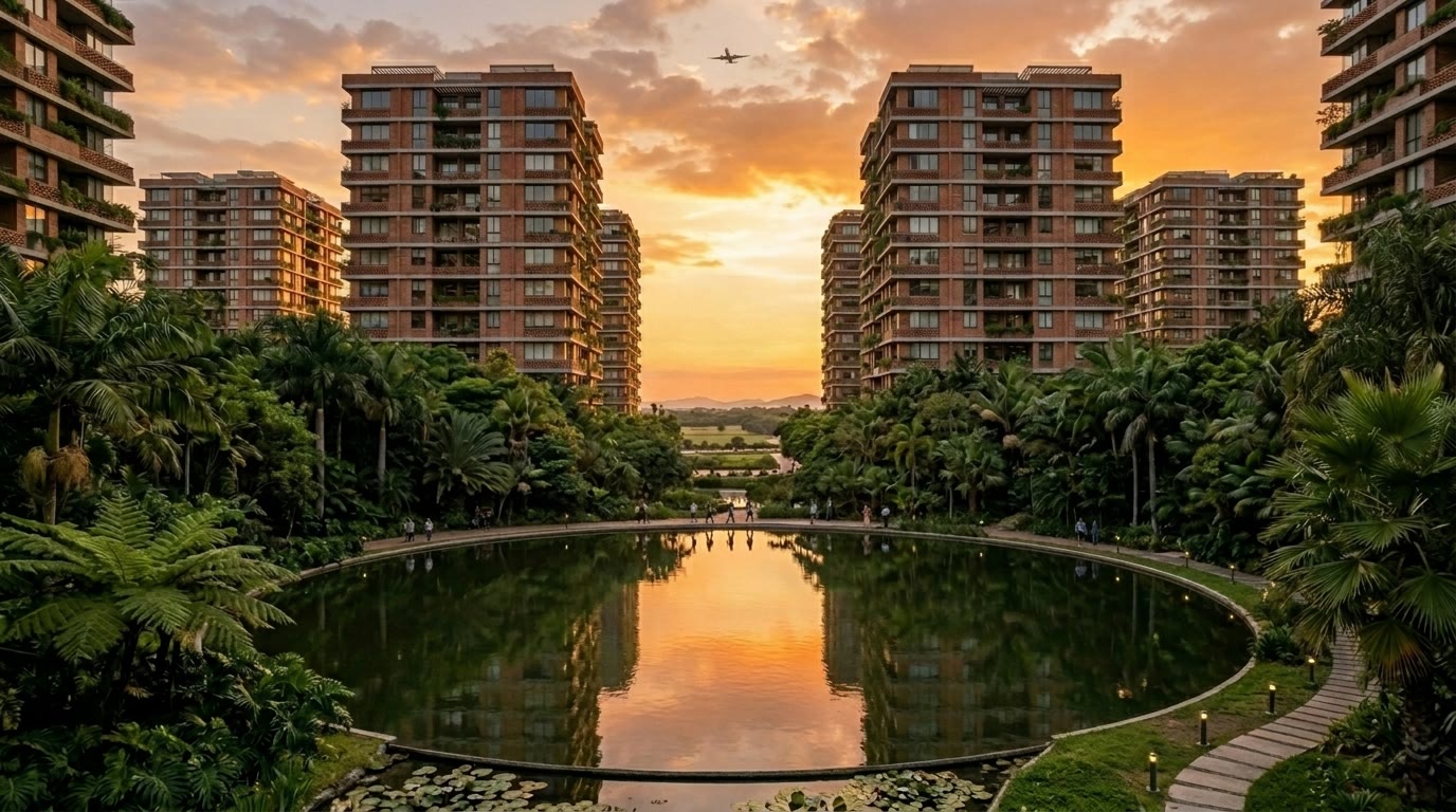 Brick residential towers with planted balconies around a circular reflecting pond in a tropical park at sunset, with an airplane between the towers.