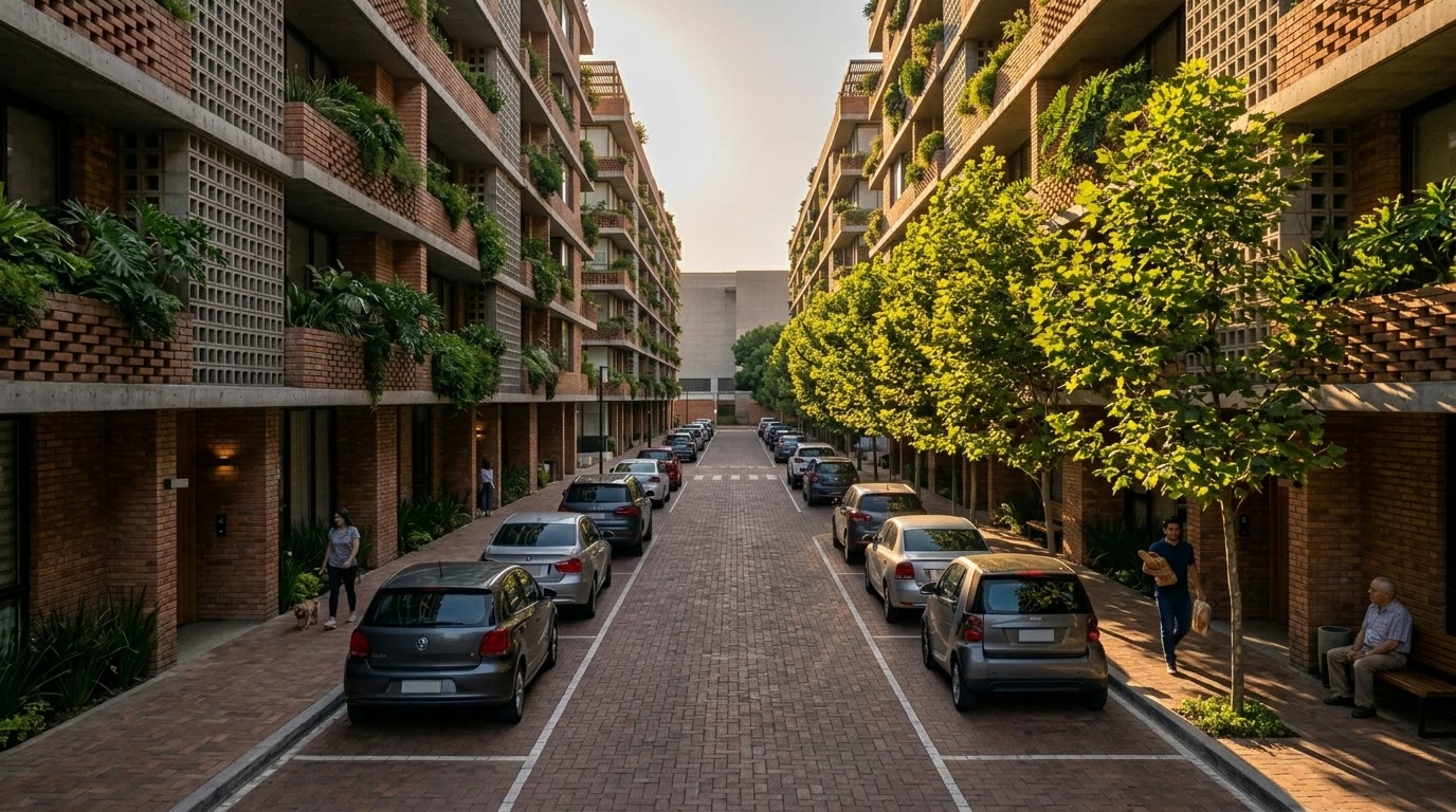 Residential street in warm brick with concrete floor bands, deep balconies overflowing with planters, brick pavers, and parallel parking at golden hour.
