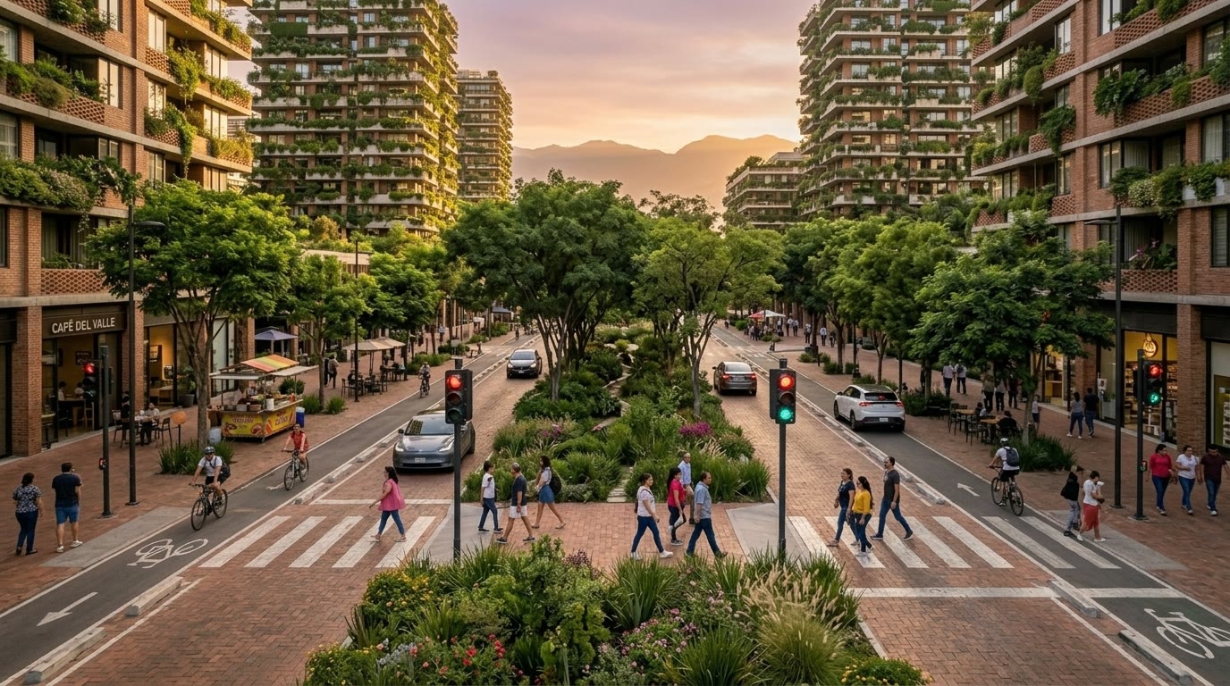 Mixed-use boulevard with brick towers, balcony planters, a landscaped median, bike lanes, and ground-floor café seating at sunset.