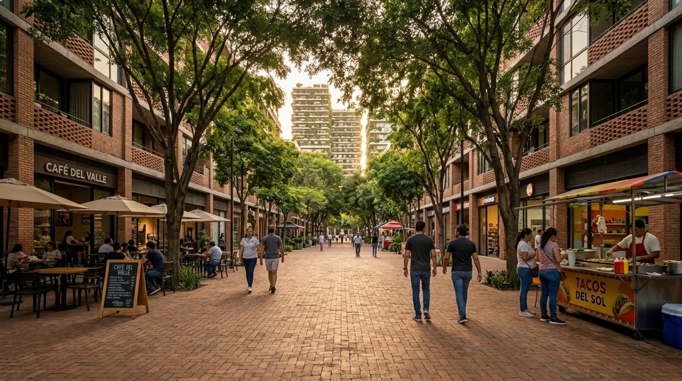 Tree-lined brick promenade with café seating and a street-food cart, looking toward vertical-forest towers and an airport control tower on the horizon.