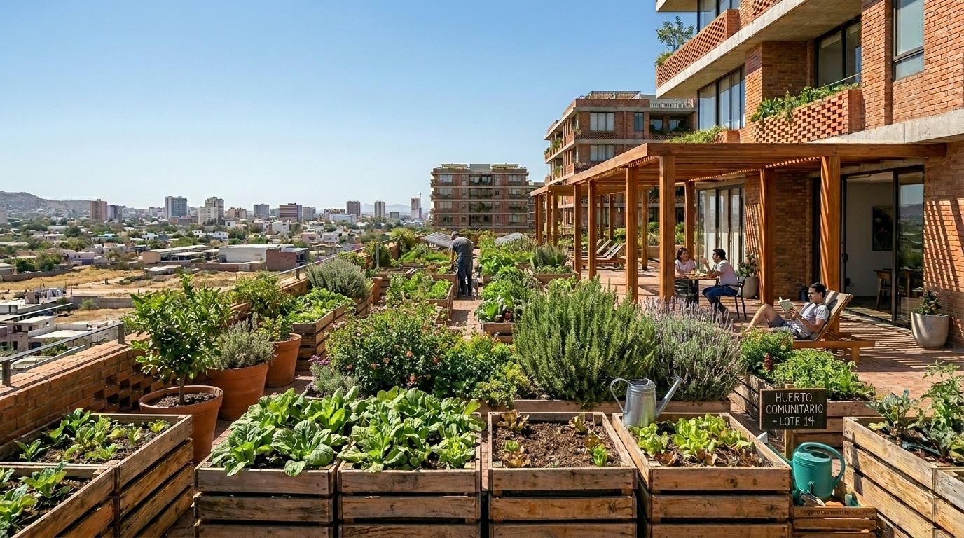 Rooftop community garden labeled HUERTO COMUNITARIO - LOTE 14: wooden planter boxes, brick facades, a timber pergola, and people tending plants.