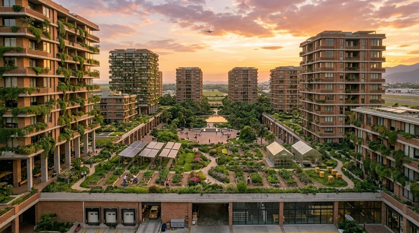 Elevated urban-farm terrace with raised beds, greenhouses, photovoltaic arrays and beehives, looking over brick vertical-forest towers and a circular water plaza at sunset.