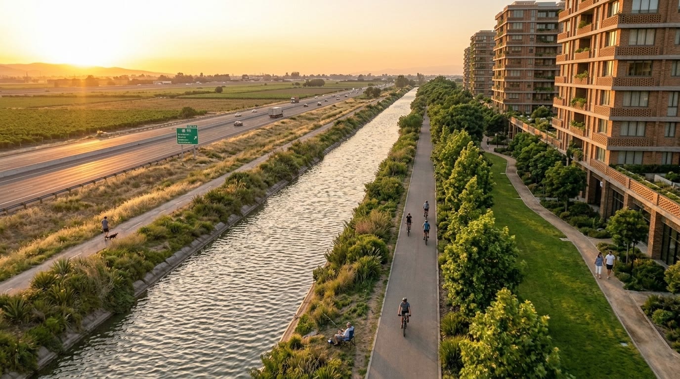 Golden-hour canal with a tree-lined bikeway, a highway beyond, and brick residential towers with balcony planters along the park edge.