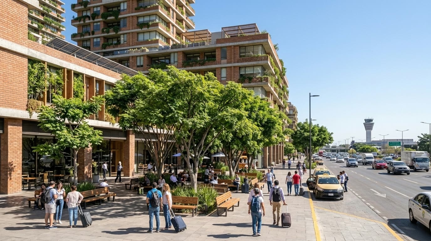 Sunny pedestrian plaza in brick and greenery beside a busy road with taxis; an airport control tower sits on the horizon.
