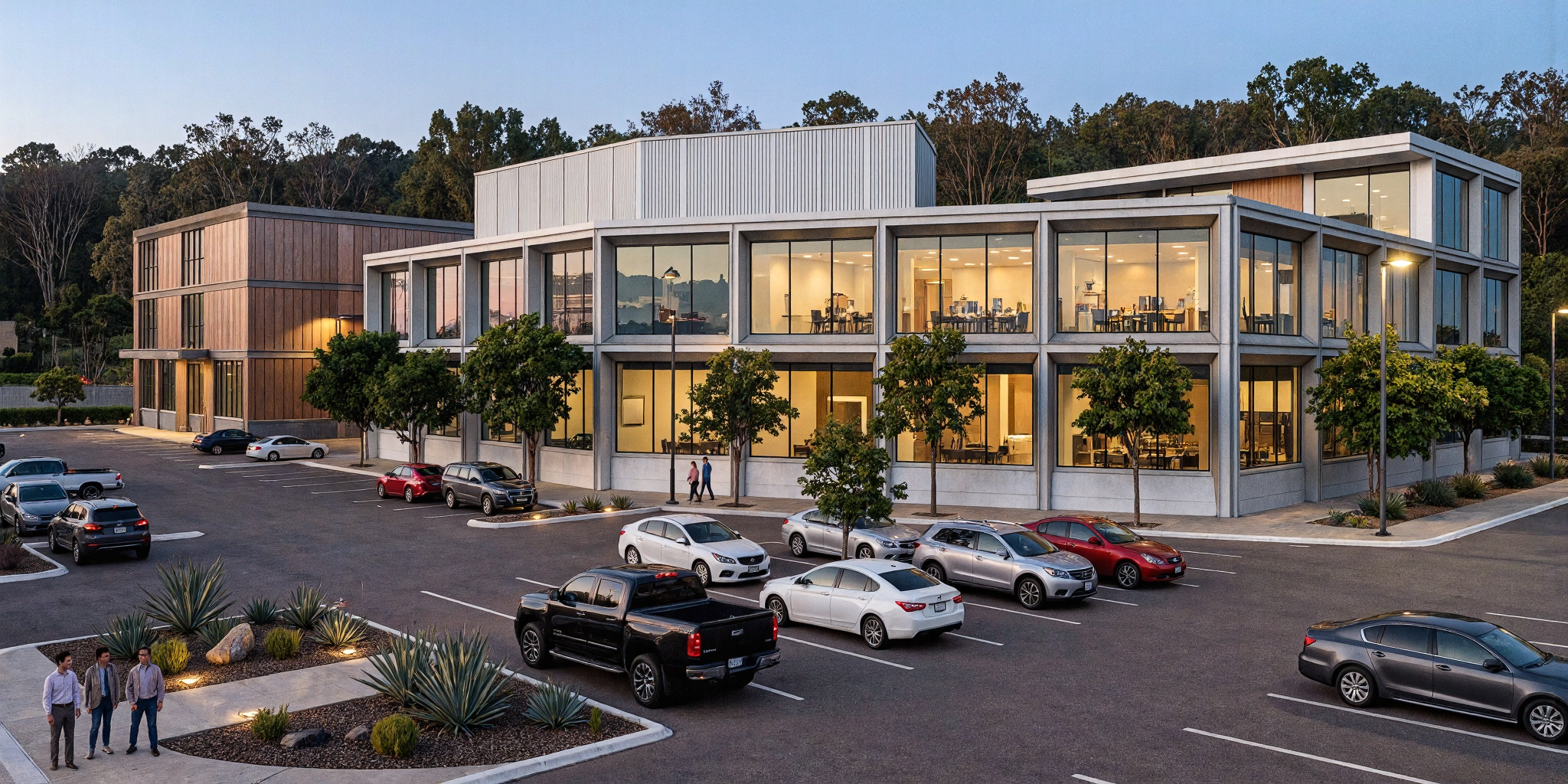 PRADOS dusk exterior: concrete-grid glass office and wood-clad volume, parking, forest hillside.