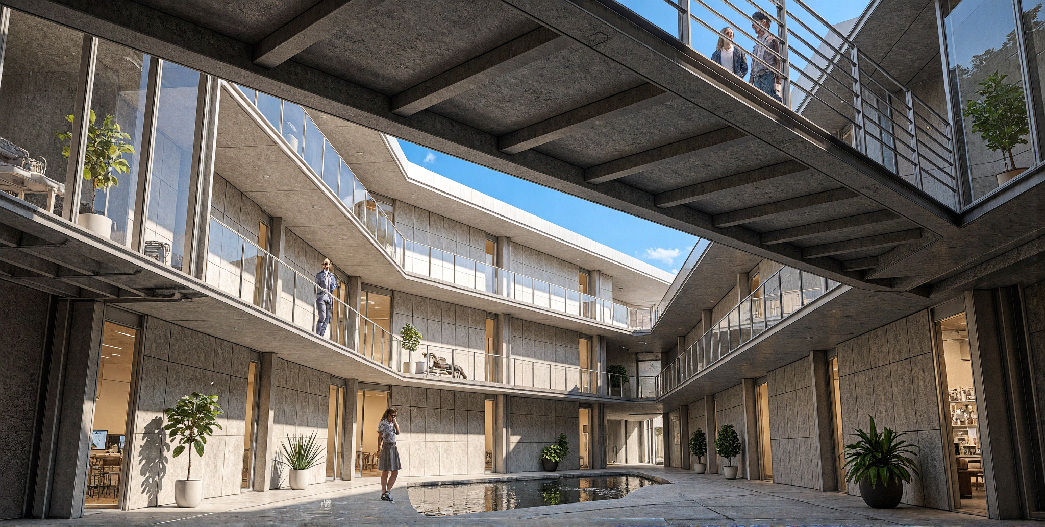 PRADOS interior courtyard: three-level exposed concrete, glass offices, walkways, overhead bridge, organic reflecting pool.