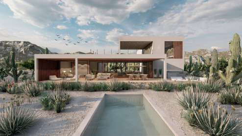 Rancho La Calma: desert-modern house with a shaded terrace and a rectangular pool in an arid landscape.