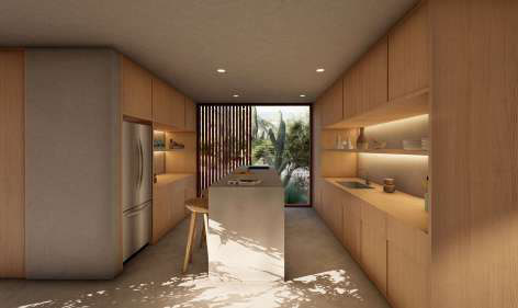 Galley kitchen with light wood cabinetry, a concrete island, and a window onto desert planting.