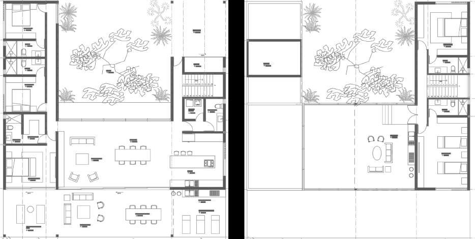 Rancho La Calma floor plans: ground floor around a courtyard, terrace and pool, with the upper-floor bedrooms.