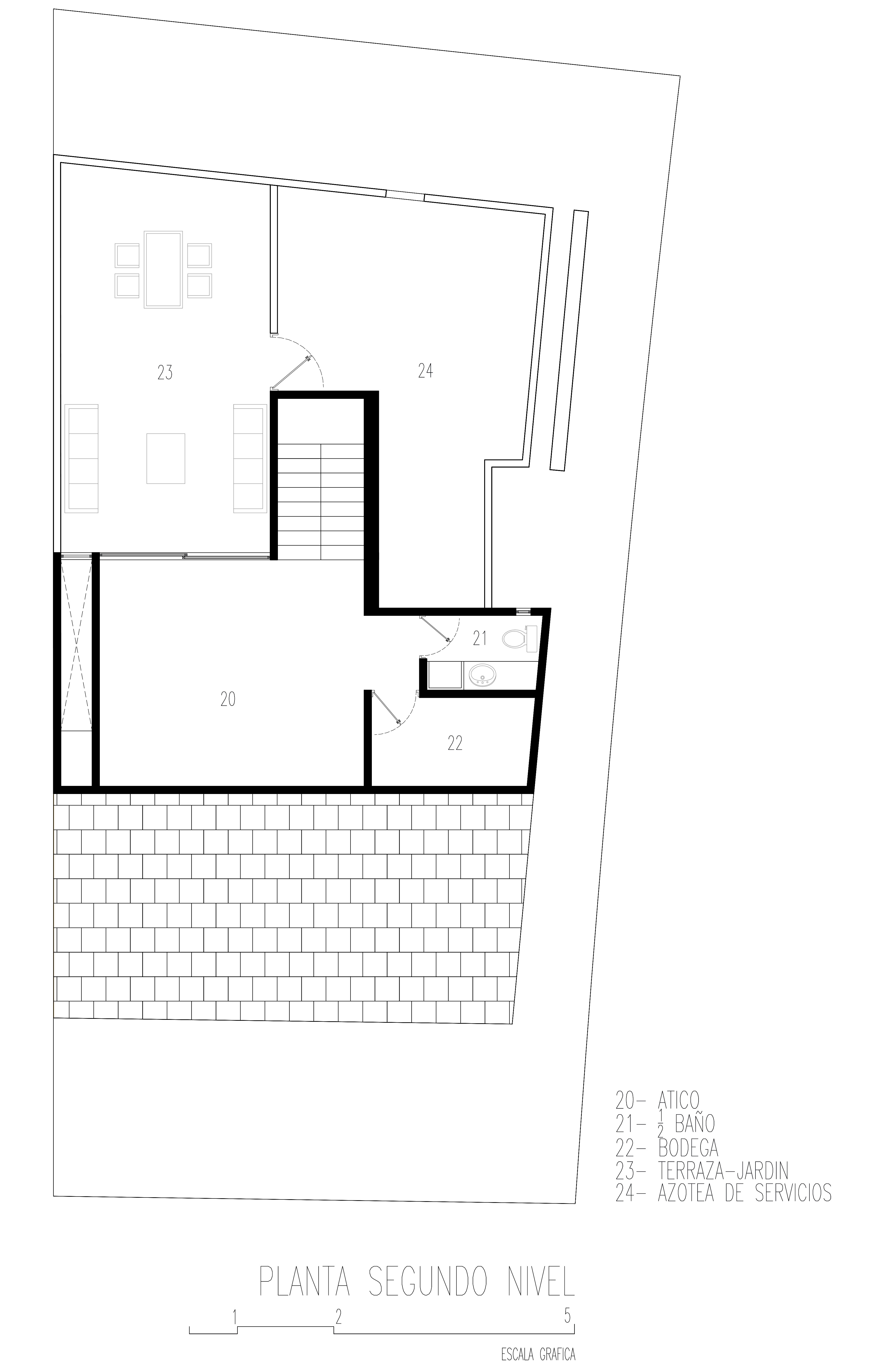 Upper-level plan: attic, half-bath, storage, garden terrace, and service roof around the central stair.