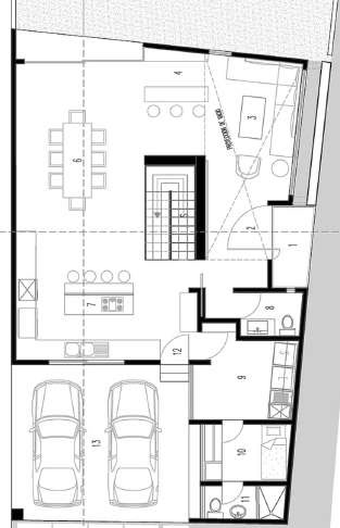 Ground-floor plan: two-car garage, kitchen and dining, living room with a double-height void, and central stair.
