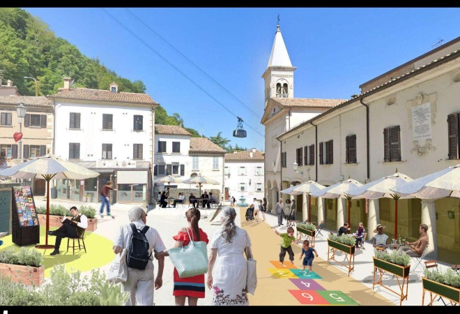 Render of Borgo Maggiore town square pedestrianized: café seating, children on hopscotch, and a cable car against the hillside.