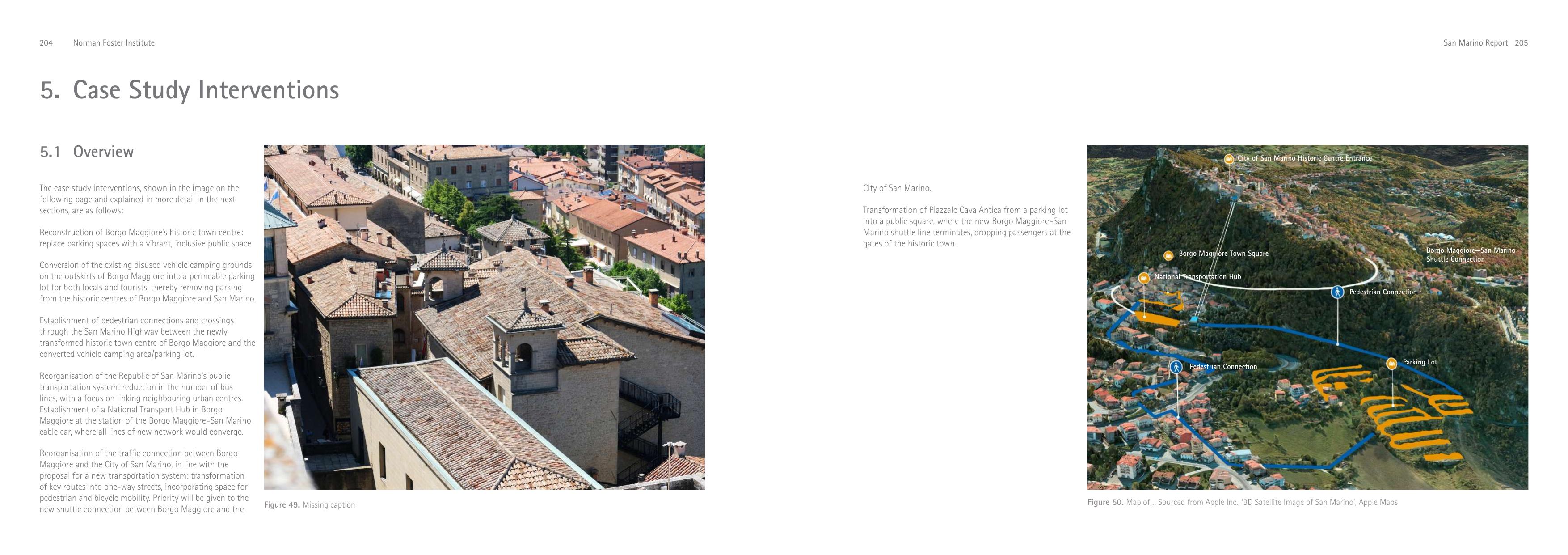 3D satellite overview of the City of San Marino historic-centre entrance, Borgo Maggiore town square, National Transportation Hub, shuttle connection, pedestrian links, and parking lot.