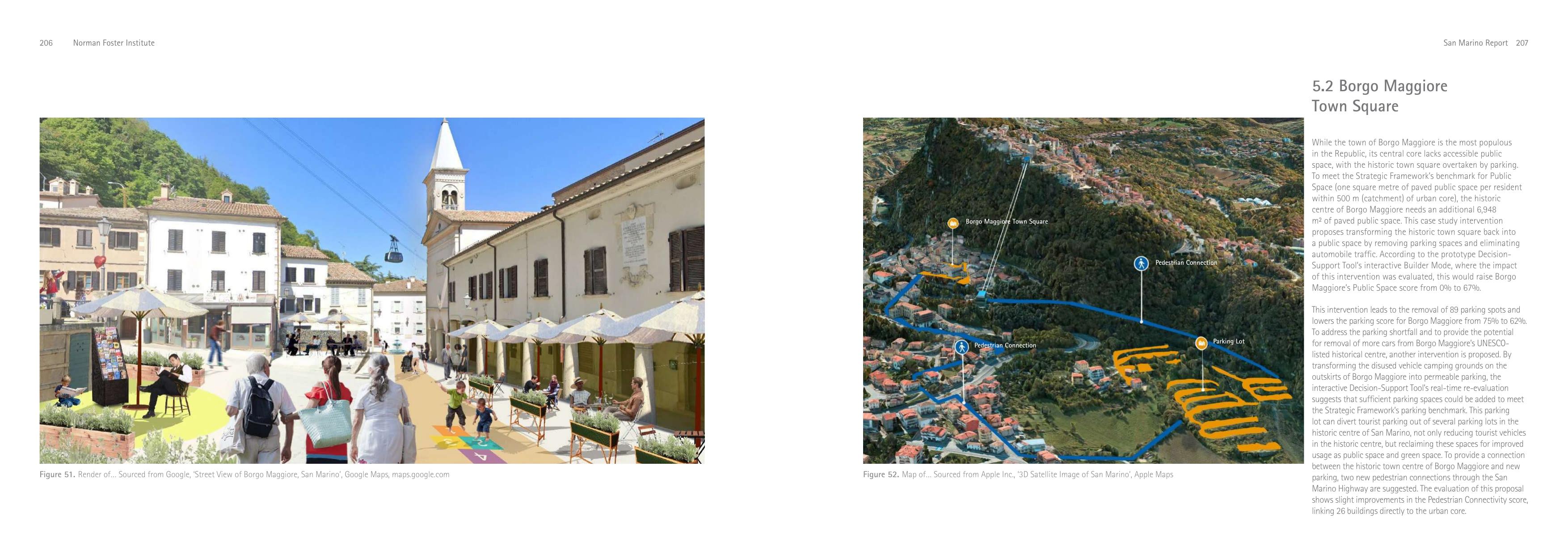 Borgo Maggiore town-square render and 3D plan of the square, two pedestrian connections across the San Marino Highway, and new parking on disused camping grounds.