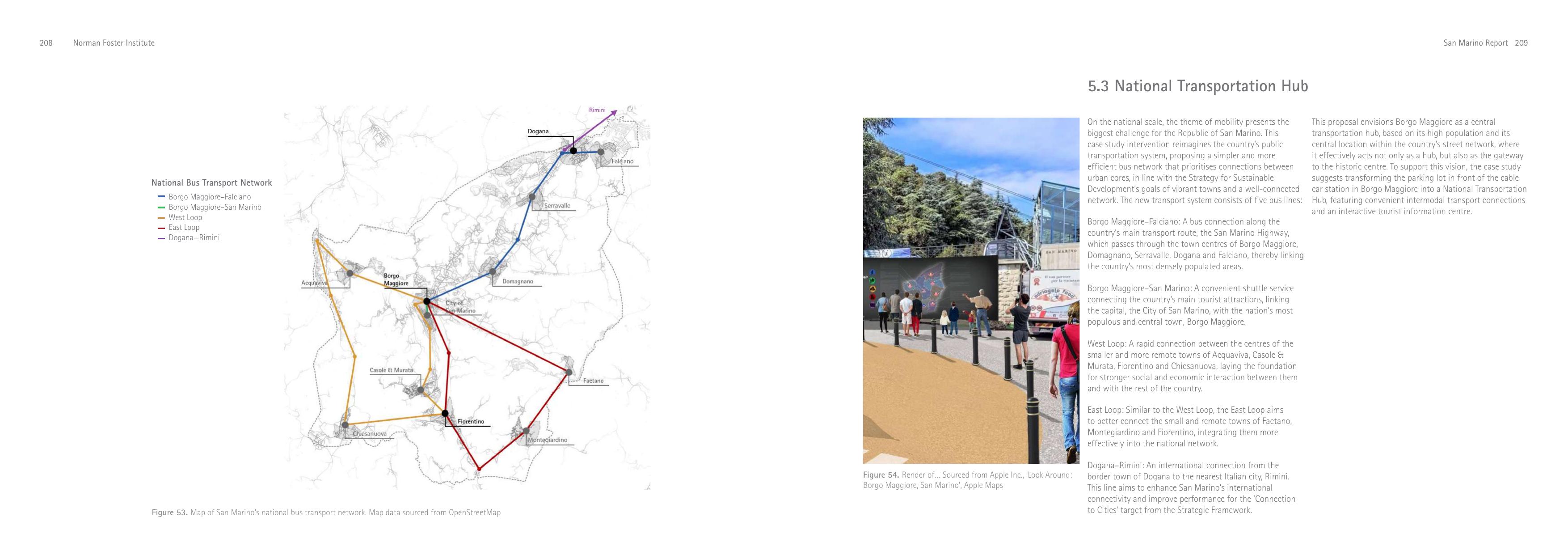 National five-line bus map and hub render at the Borgo Maggiore cable-car station.
