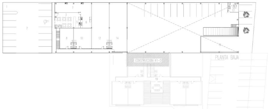 Ground-floor plan of TARA: parking, cafeteria, rooms along a long bar, and a meeting wing.