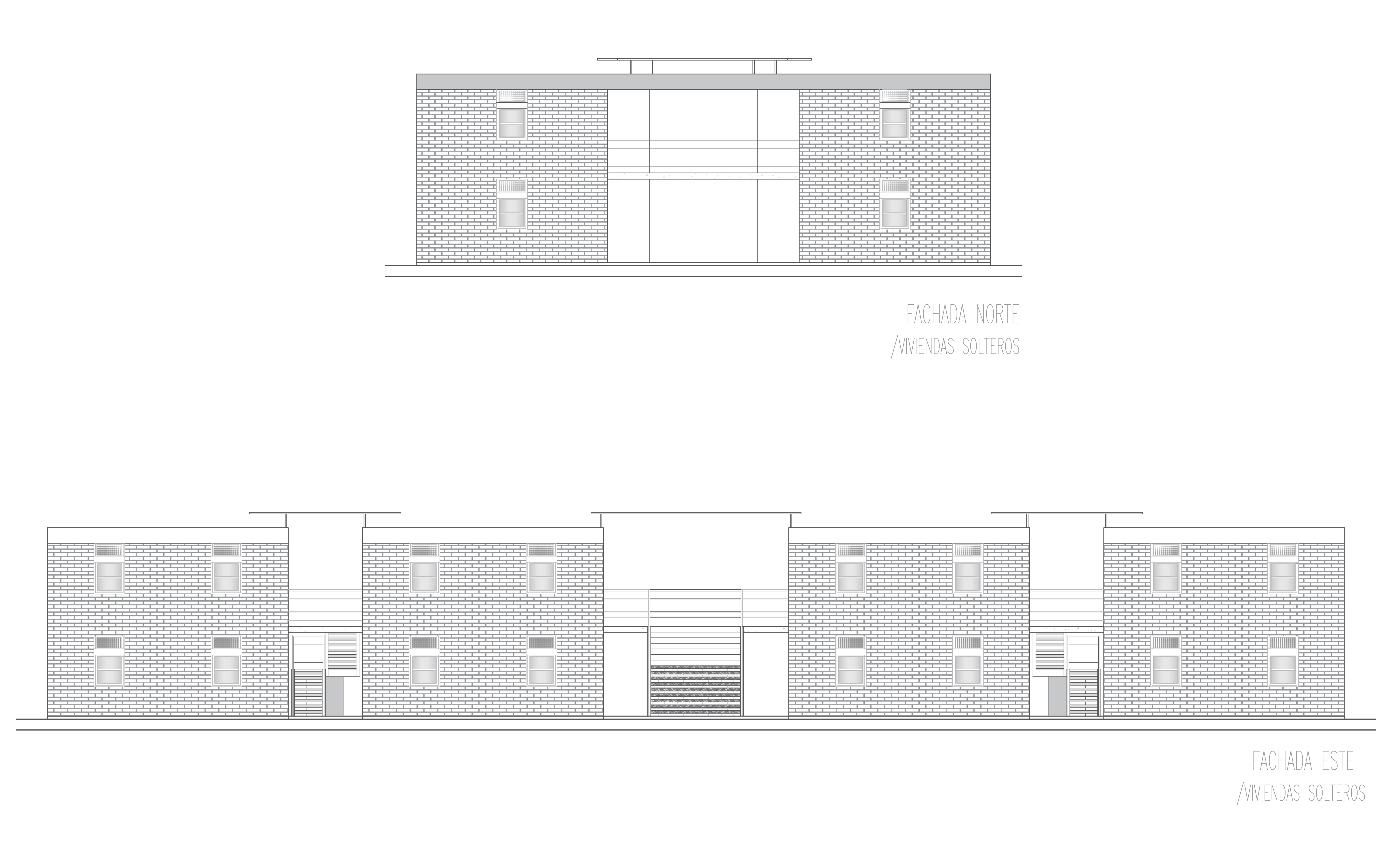 North and east elevations of the bachelor housing: brick modules, recessed stairs, and roof shade structures.