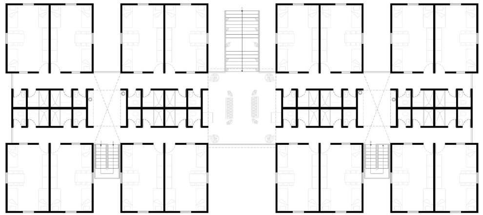 Symmetrical floor plan of a multi-room housing block with a central common space, stairs, and paired rooms.