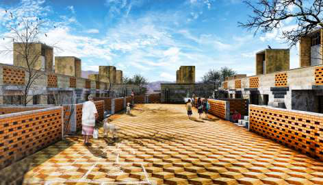 Los Janos village courtyard: brick lattice, ventilation towers, patterned paving, and residents in an arid landscape.