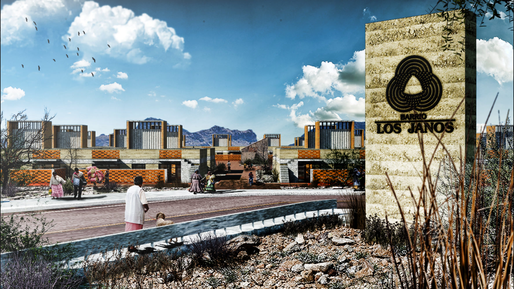 Barrio Los Janos entrance: a rammed-earth sign with the village mark, modular houses, and desert mountains beyond.