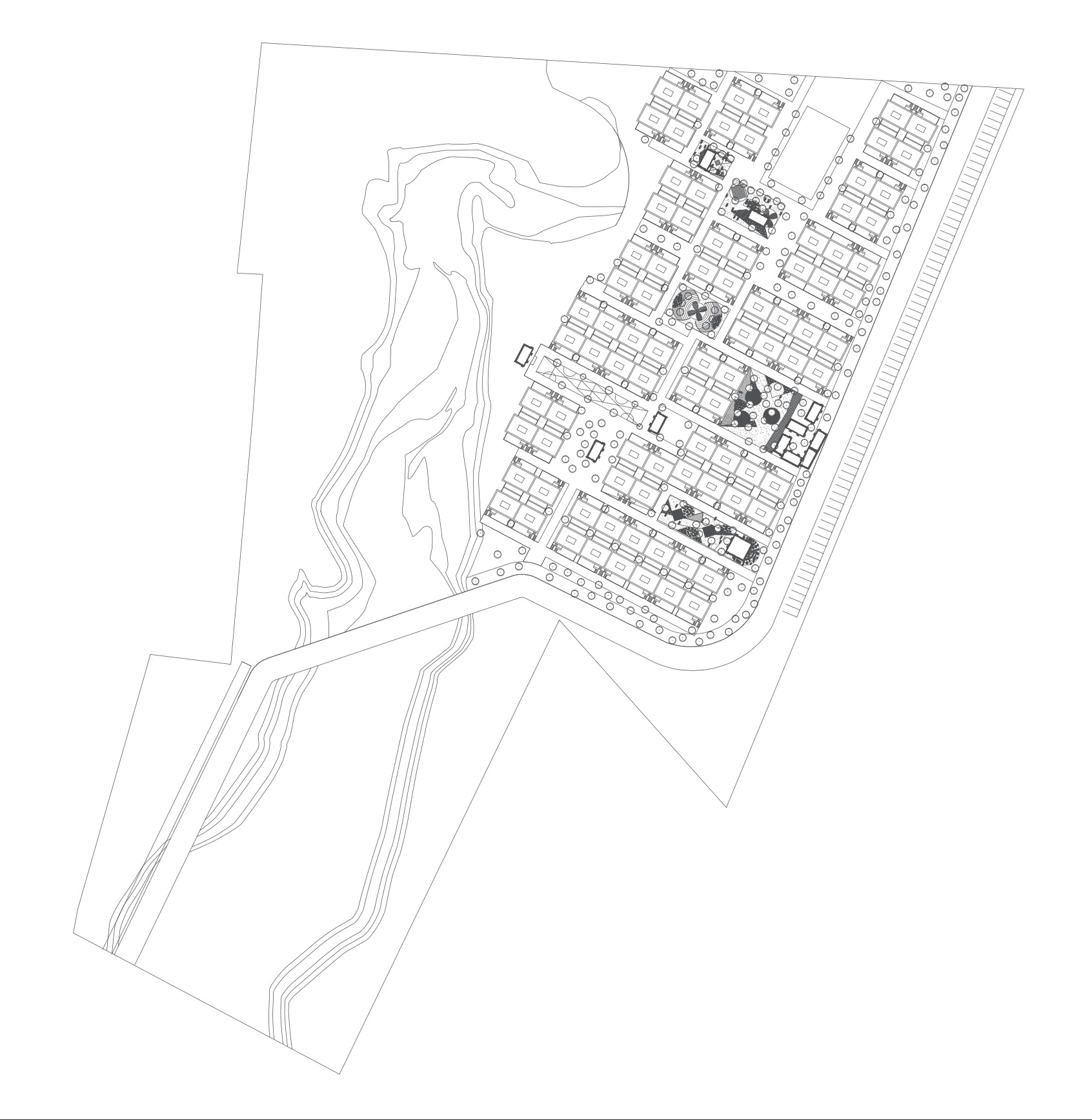 Village masterplan: modular housing blocks, courtyards, a perimeter road with parking, and a natural edge to one side.