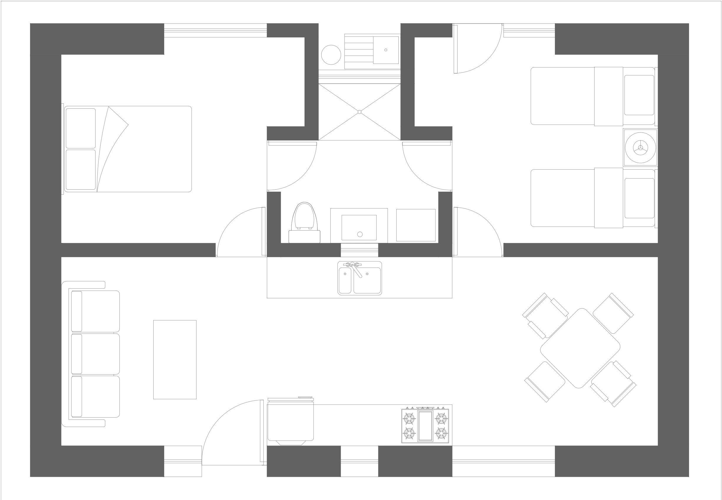 Two-bedroom housing unit: living and dining below, kitchen island, bathroom between two bedrooms.
