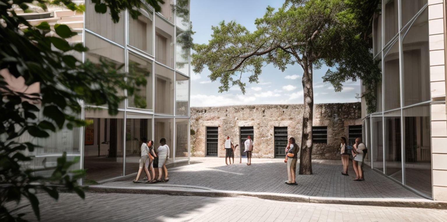 Courtyard with a preserved mature tree, modern glass volumes, and a colonial ruin facade used as a portal.