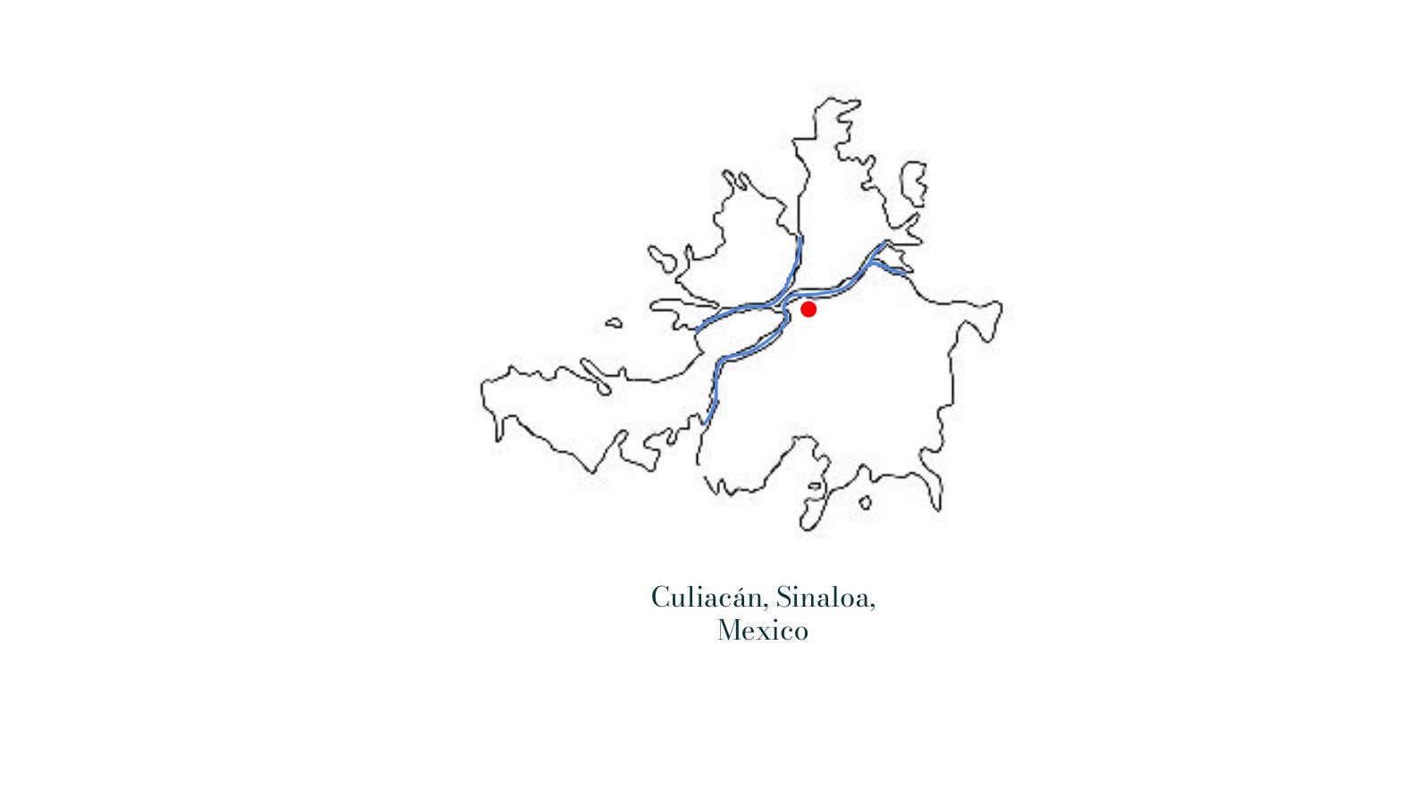 Location diagram of Culiacán with rivers and a red marker at the historic centre.