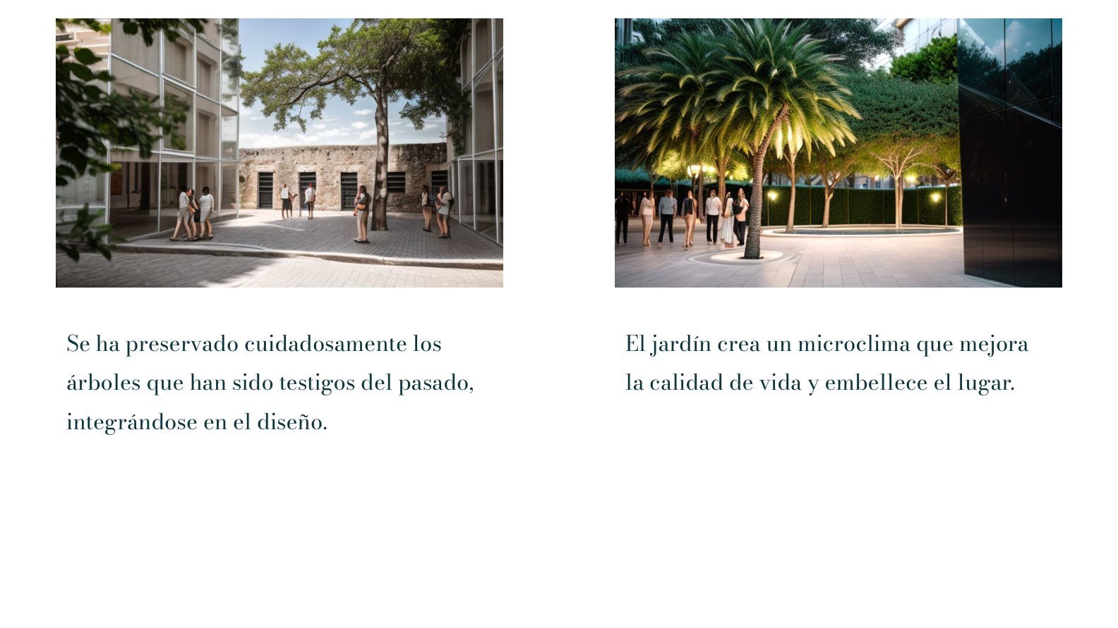 Two views: a daytime courtyard with a preserved tree and colonial ruin, and a night garden as microclimate.