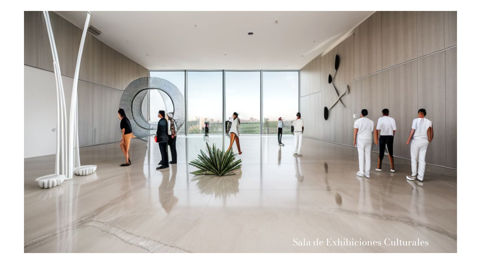 Interior of the Sala de Exhibiciones Culturales, a long gallery with a polished floor and a glazed end wall.