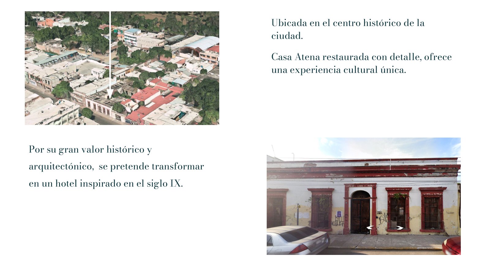 Casa Atena: aerial pin on the historic-centre block and the existing white facade with red trim, arched door, and iron grills.