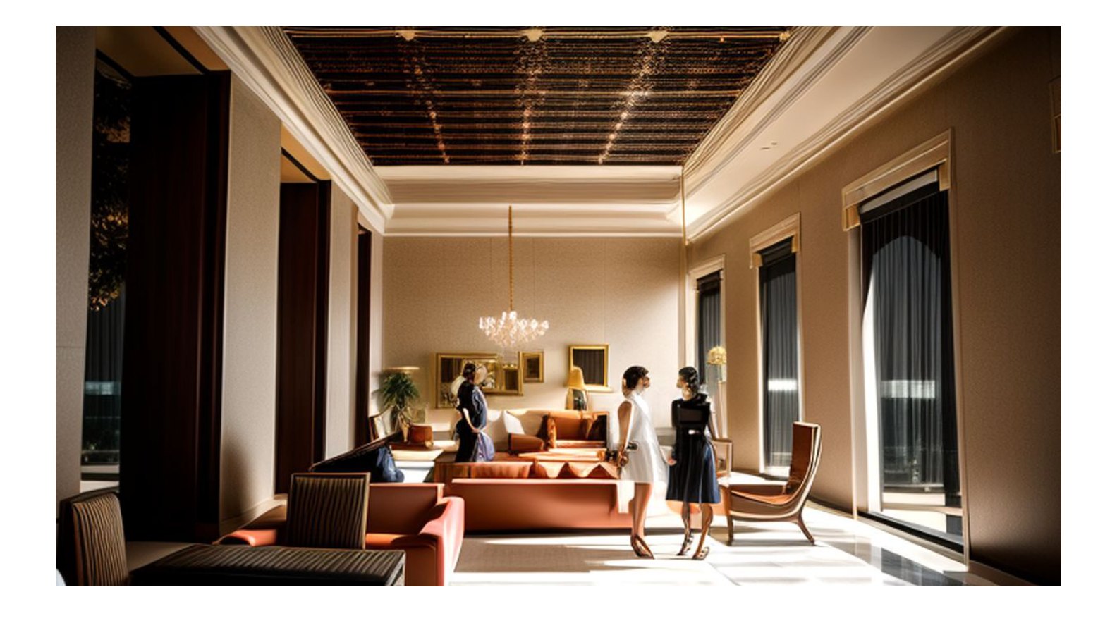 Boutique hotel lounge interior with a high coffered ceiling, chandelier, sofas, and tall windows.